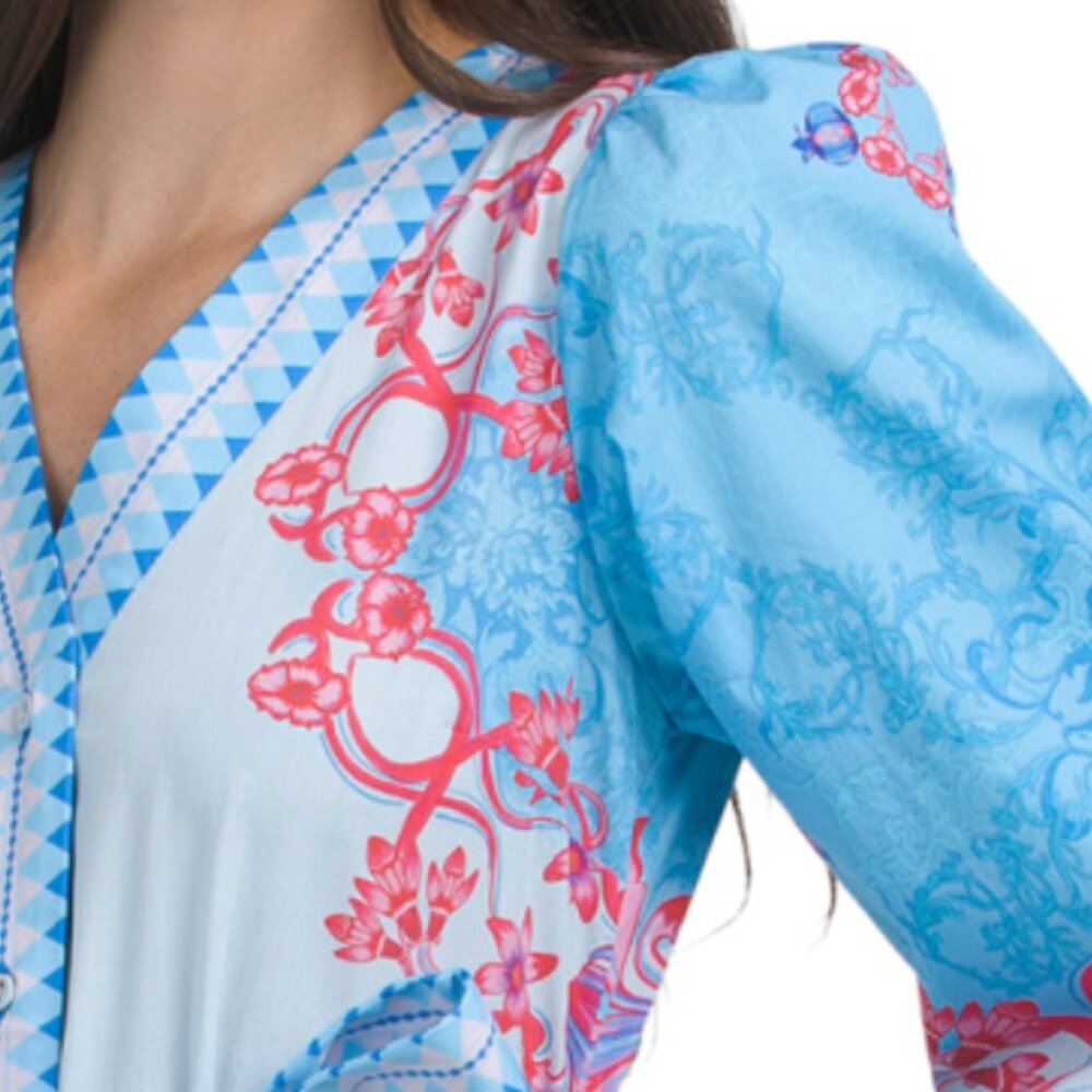 CELINA MOON Long Sleeve Belted Color Blocked Maxi Shirt Dress - Picture 4 of 4